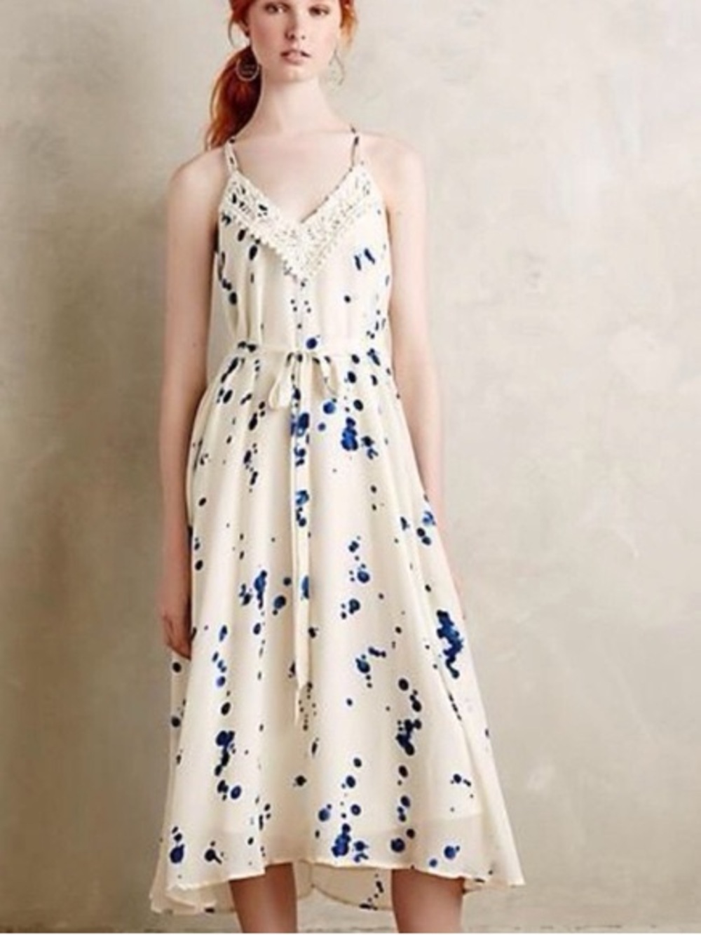 Anthropologie Maeve Crochet Trim Paint Splatter Maxi Dress Small Boho Festival